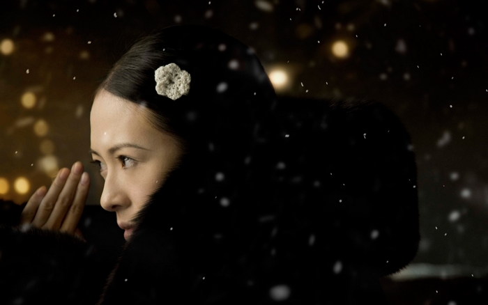 Zhang Ziyi in a Fur Coat with Flower Hair Clip