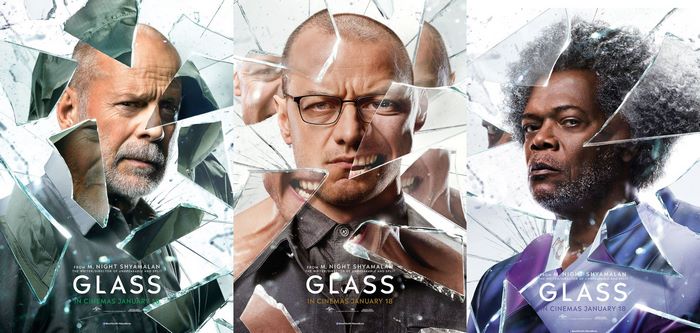 Glass movie poster with Bruce Willis, James McAvoy, Samuel L. Jackson