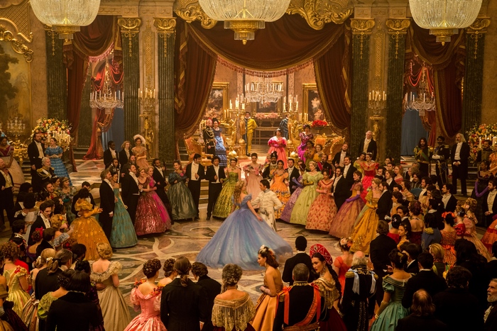 Lily James in a ballroom