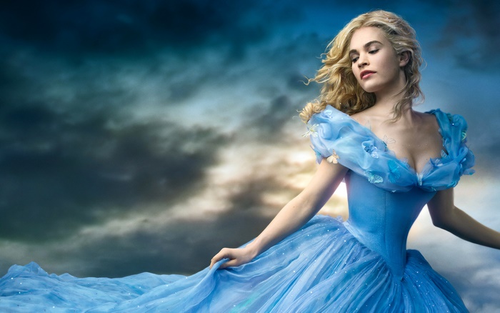 Lily James as Cinderella in blue dress