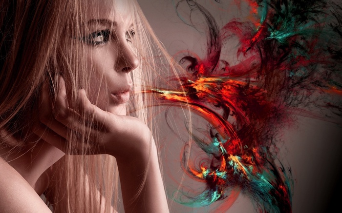 Woman with abstract colorful smoke coming from her mouth