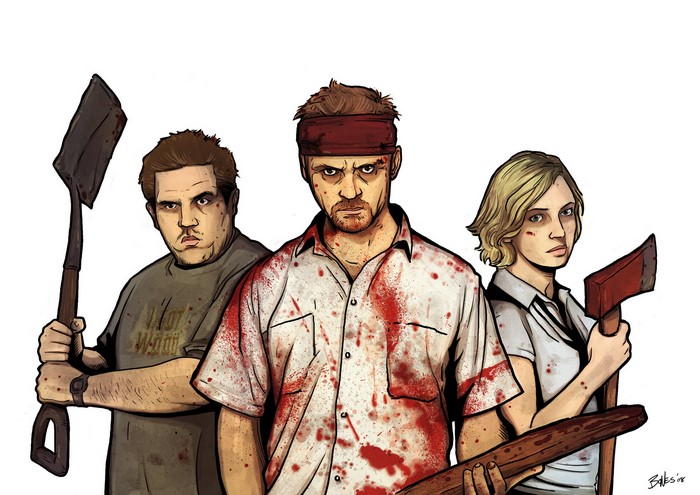 Shaun of the Dead characters with weapons