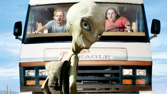 Paul and Simon Pegg in a camper van