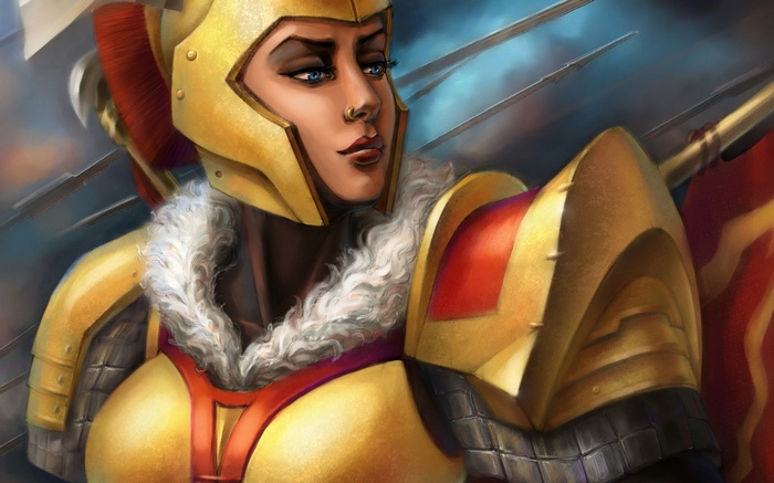 Woman in golden armor with red accents
