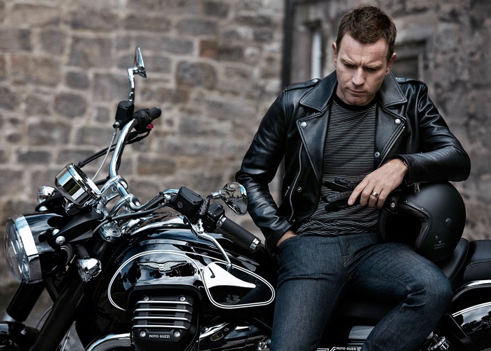 Ewan McGregor on a Moto Guzzi motorcycle