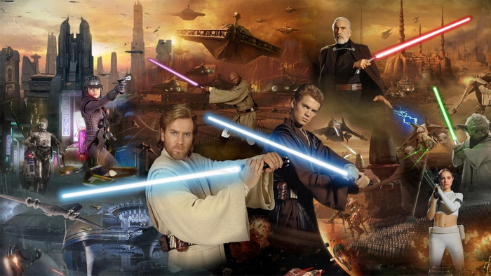 Star Wars characters with lightsabers in battle