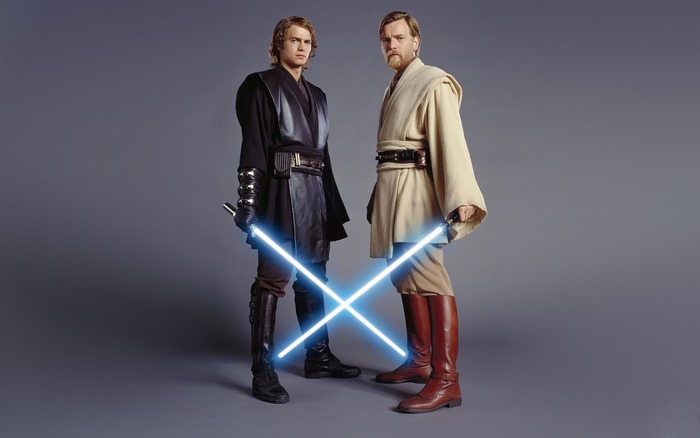 Anakin Skywalker and Obi-Wan Kenobi with lightsabers