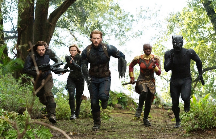 Bucky Barnes, Black Widow, Captain America, Okoye, and Black Panther running