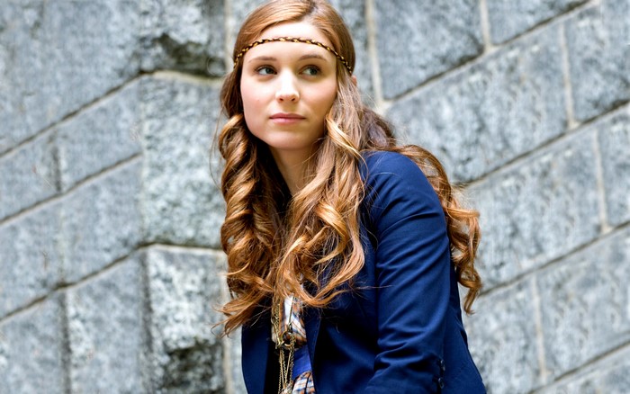 Rooney Mara with headband and blue jacket