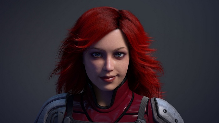 Woman with red hair in futuristic armor