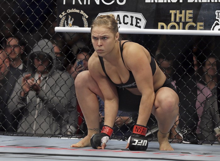 Ronda Rousey in a fighting stance