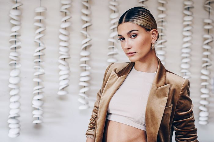 Hailey Baldwin in a tan velvet blazer