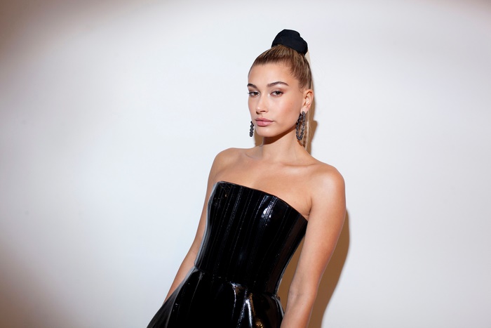 Hailey Baldwin in black strapless dress