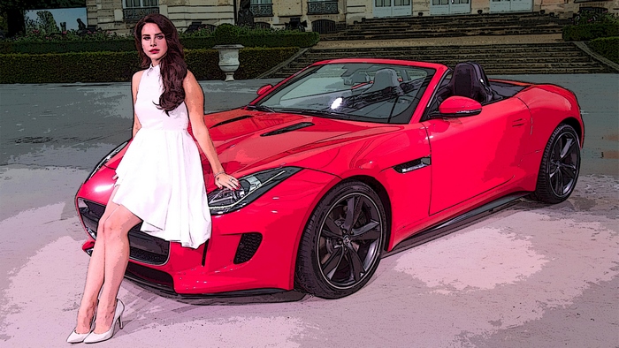 Lana Del Rey with a red Jaguar convertible