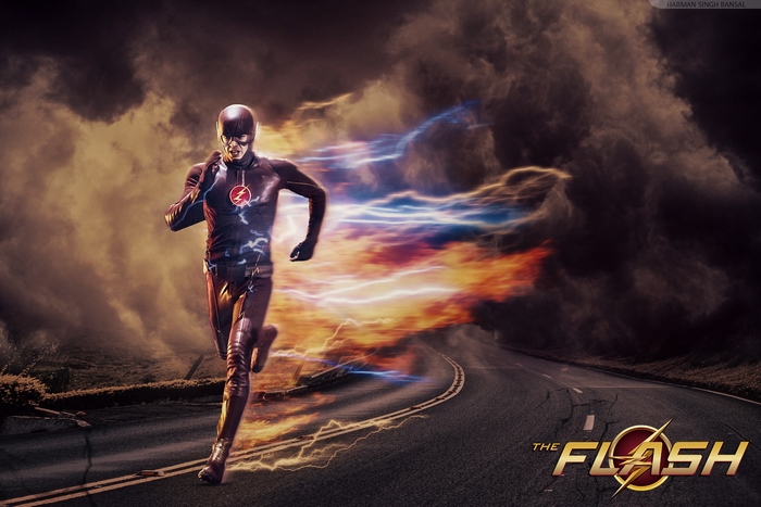 The Flash from DC Comics running on a road