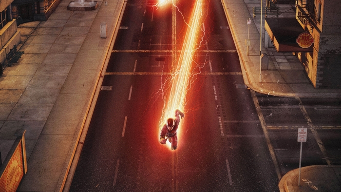 The Flash running down a city street