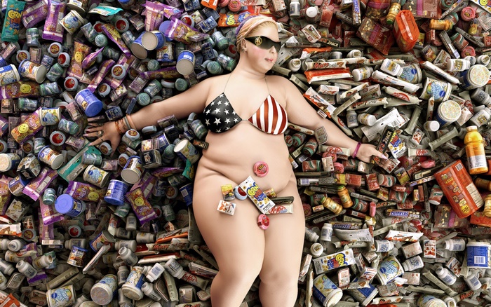 Woman in American flag bikini surrounded by junk food