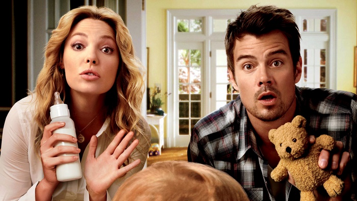 Katherine Heigl and Josh Duhamel with Baby Bottle and Teddy Bear
