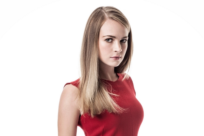 Britt Robertson in a red dress