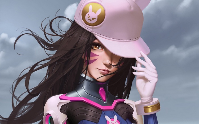 D.Va from Overwatch wearing a pink hat