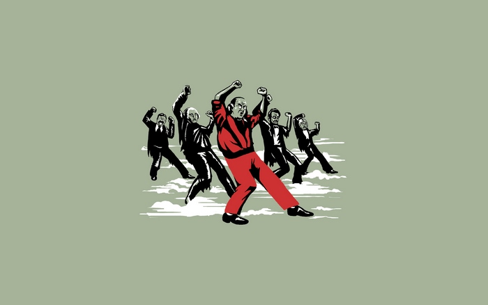 Group of men in suits and red shirt dancing