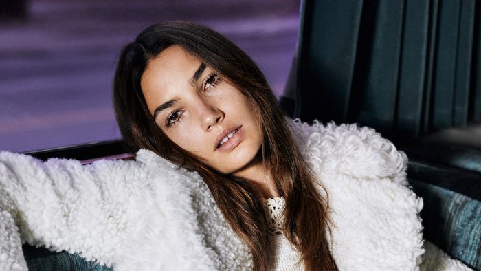 Lily Aldridge in a white fluffy coat