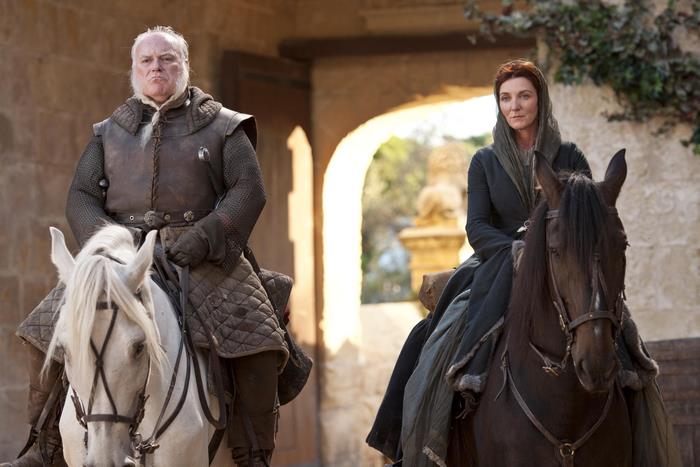 Michelle Fairley and man on horseback