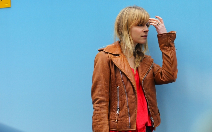 Clémence Poésy in brown leather jacket