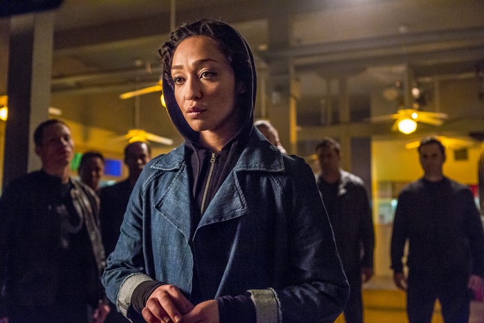 Ruth Negga in a denim coat