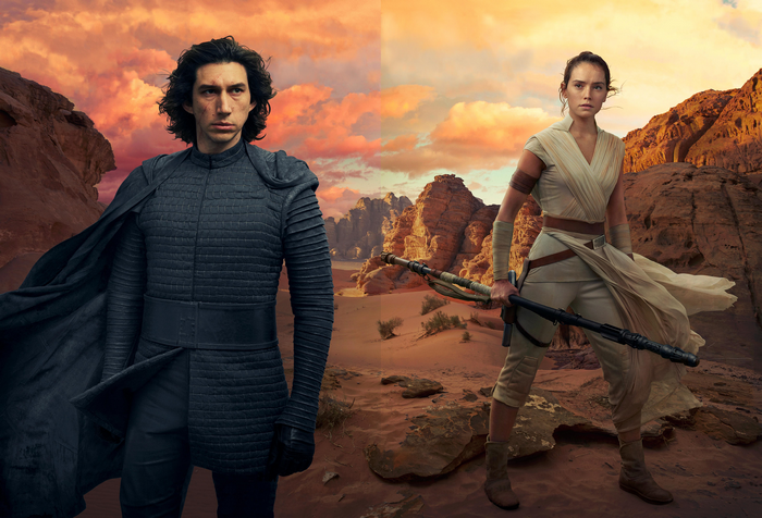 Kylo Ren and Rey from Star Wars in a desert landscape