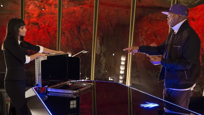 Sofia Boutella and Samuel L. Jackson on stage