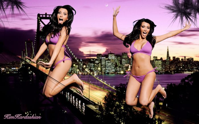 Kim Kardashian jumping over bridge at night