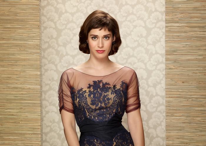 Lizzy Caplan in a vintage dress