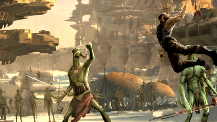 John Carter fighting green aliens on a desert planet