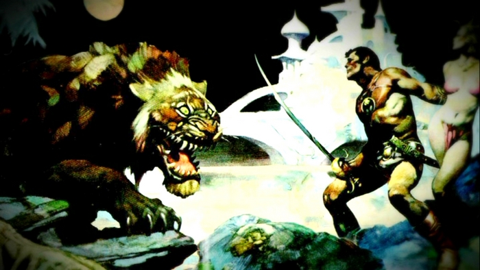 John Carter fighting a tiger with a woman in background