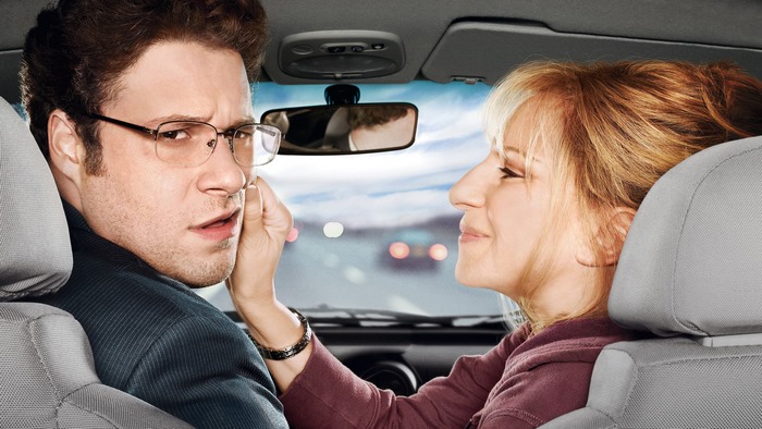 Seth Rogen and Barbra Streisand in a car