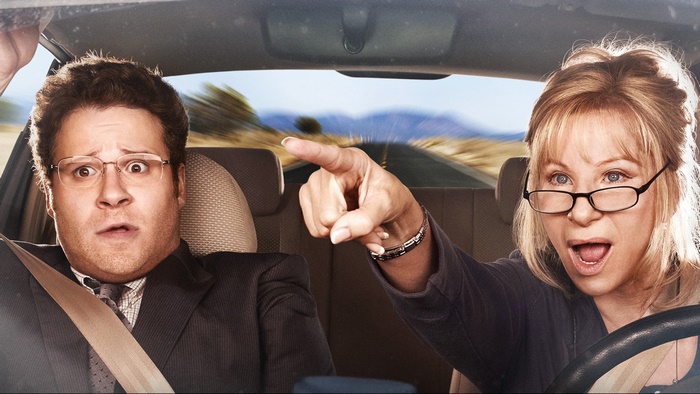 Seth Rogen and Barbra Streisand in a car