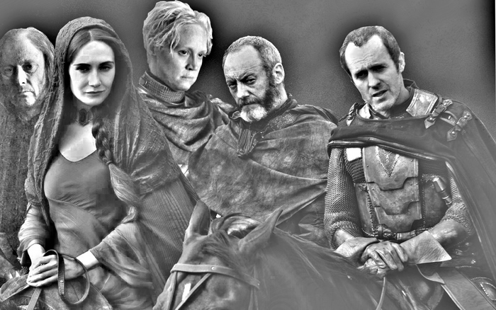 Game of Thrones characters Stannis Baratheon, Melisandre, Brienne of Tarth, Davos Seaworth, and Ser Davos