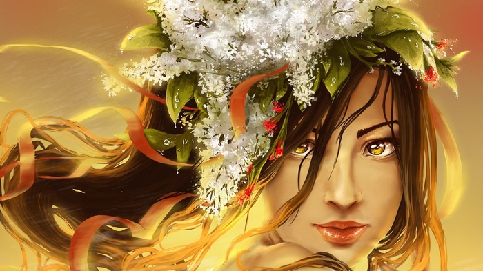 Woman with flower crown and flowing ribbons