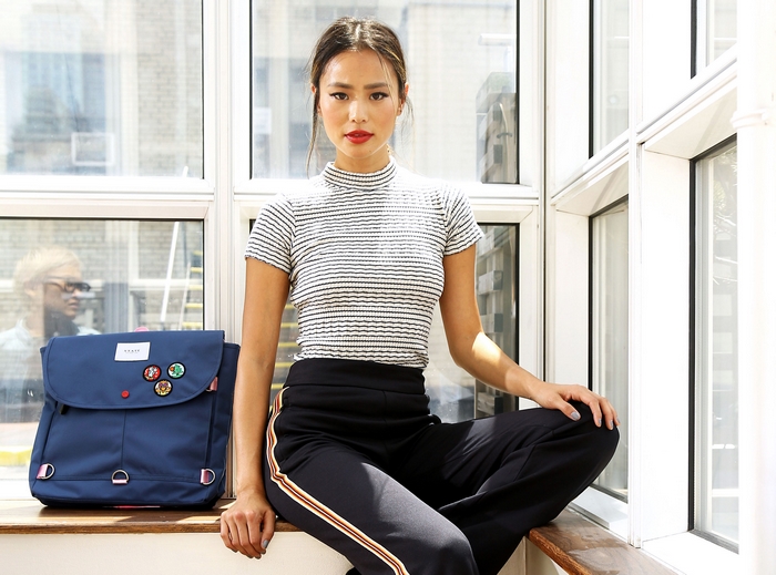 Jamie Chung with a STATE backpack