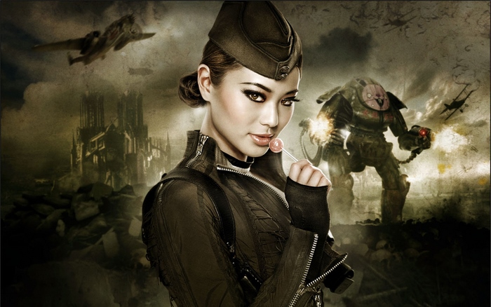 Jamie Chung in a retro-futuristic war scene