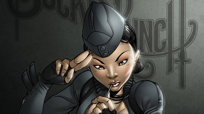 Woman in a black uniform with a hat