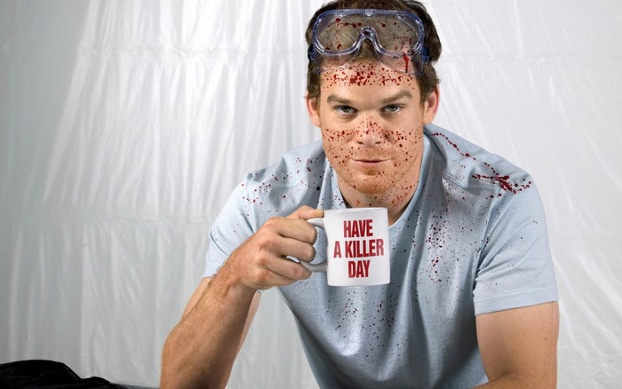 Michael C. Hall with blood splatters and mug