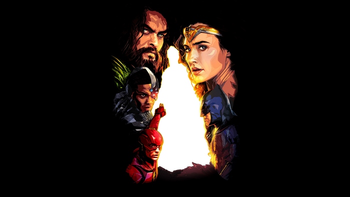 Justice League characters Aquaman, Wonder Woman, Cyborg, Flash, and Batman