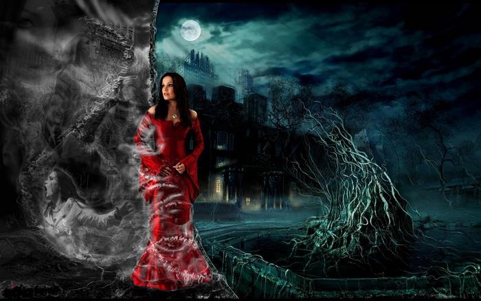Tarja Turunen in a red dress in a dark fantasy landscape