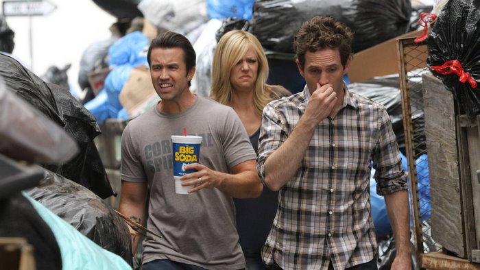 Rob McElhenney, Kaitlin Olson, and Glenn Howerton in trash