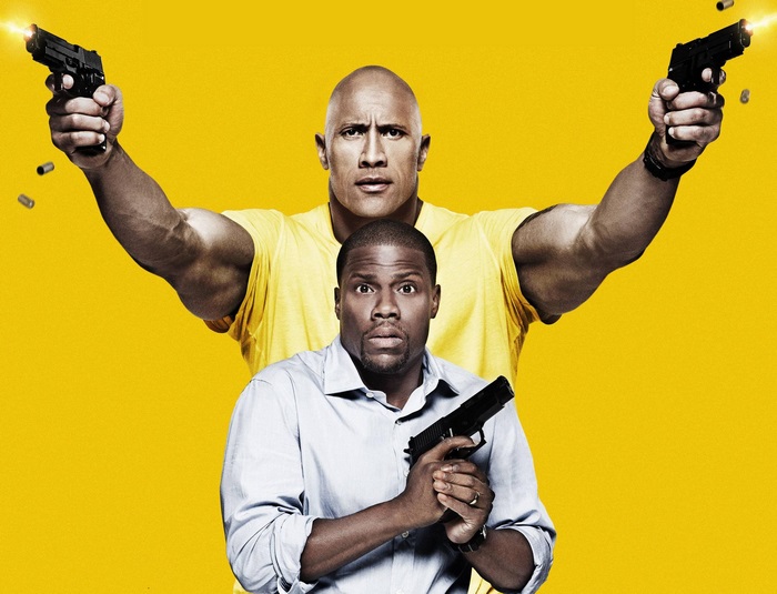 Kevin Hart and Dwayne Johnson with guns