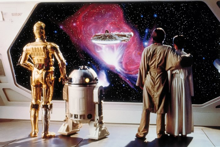 C-3PO, R2-D2, Luke Skywalker, and Princess Leia in Star Wars
