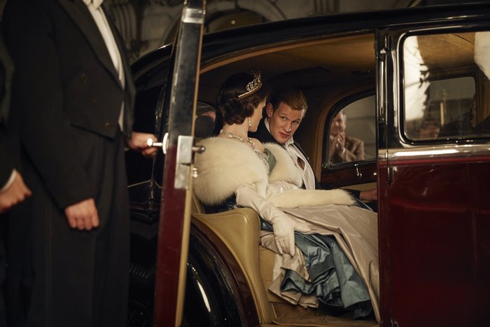 Matt Smith and Claire Foy in a car