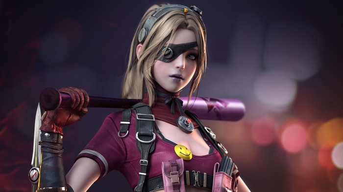 Woman with baseball bat and knife